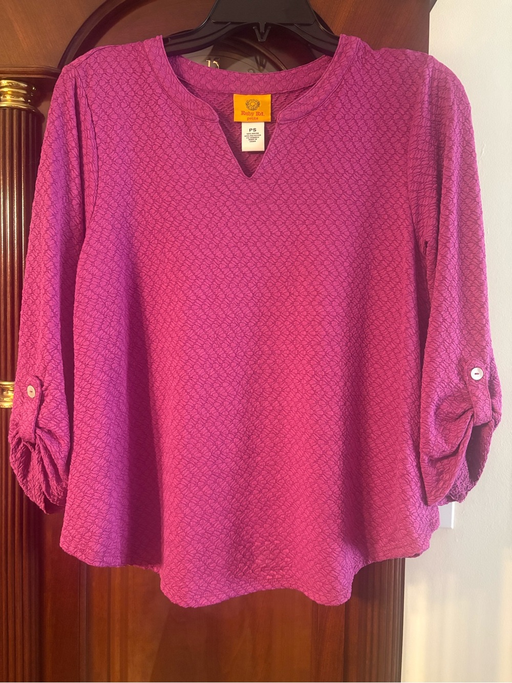Ruby Rd. Fuchsia Textured V-Notch Roll-Sleeve Tunic